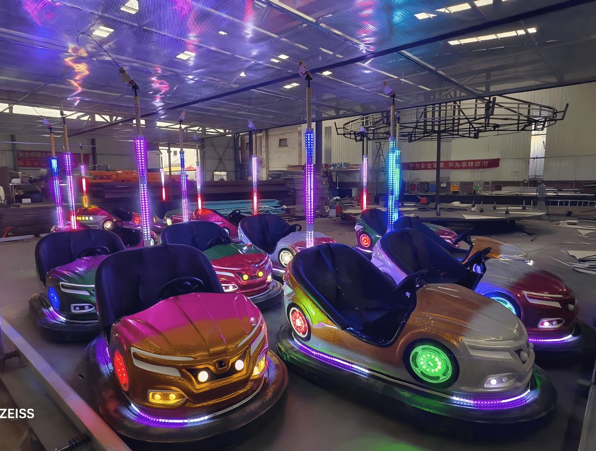 Ceiling grid bumper cars — overhead power supply, no batteries needed