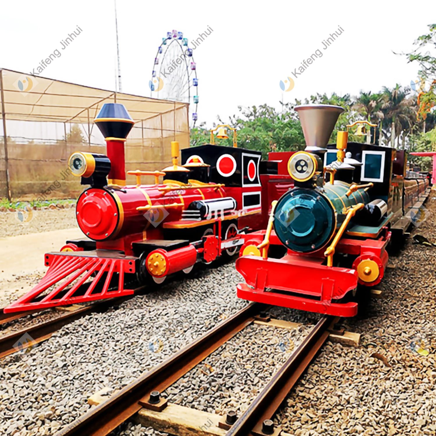 Sightseeing Train for Sale: 16–72 Seat Models & Real Prices Two miniature track trains operating on a steel rail loop at a park