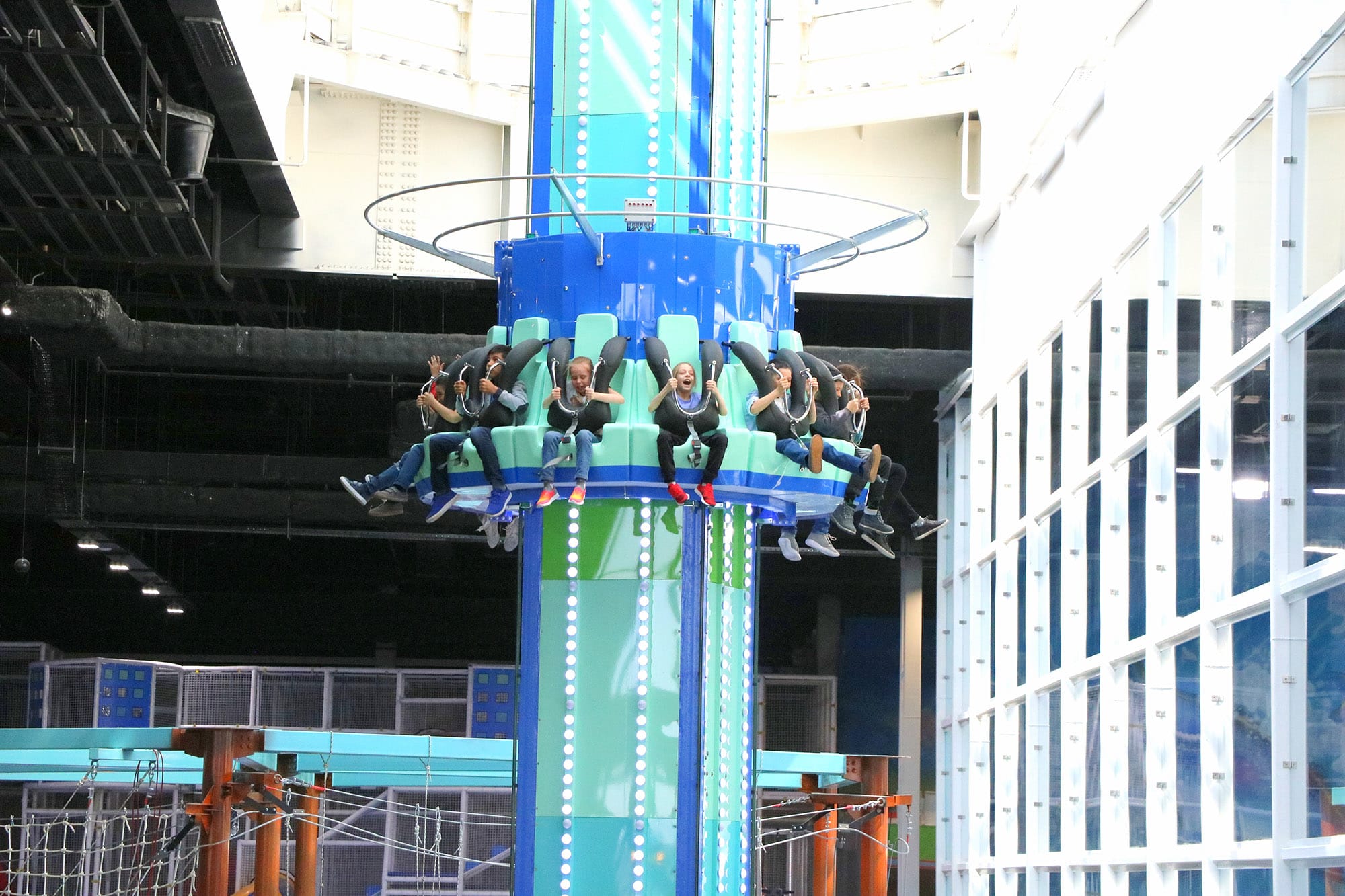 Sky Tower 27 ride with riders experiencing bounces and drops
