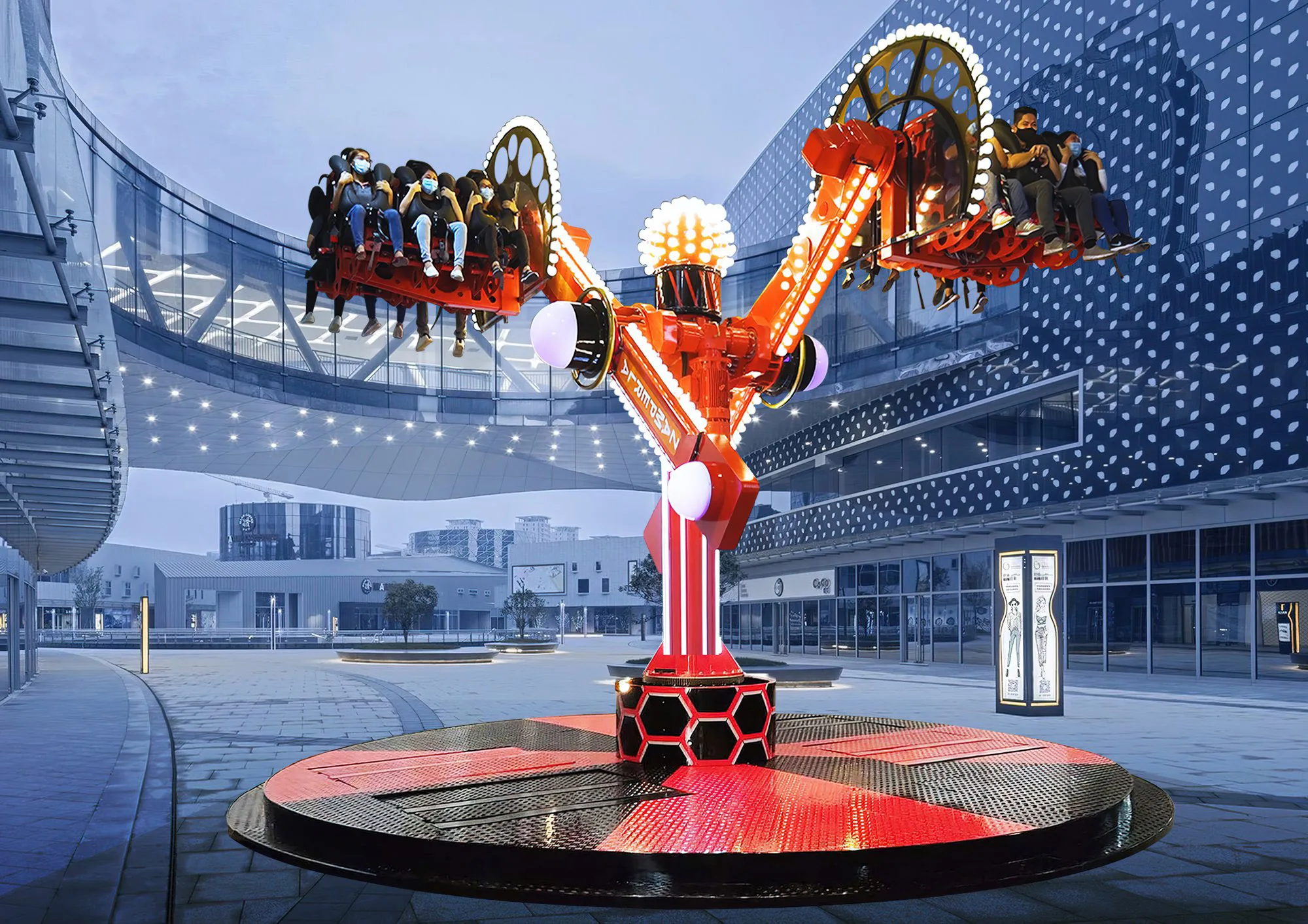ChronoZ Family Thrill Ride - dual arm centrifugal ride in action