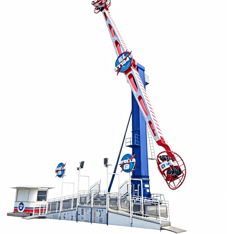 Crazy Dance fixed park model thrill ride with passengers seated
