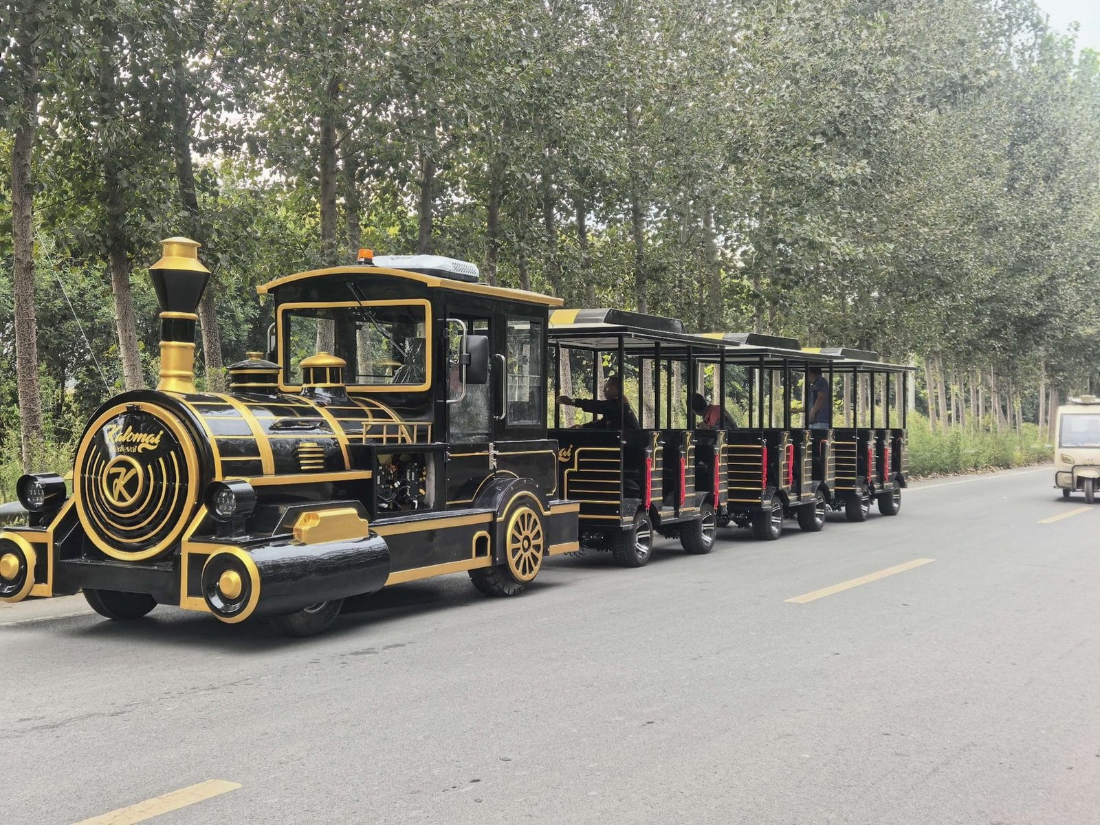 Sightseeing Train from China: The Documents You Need Black and gold 27-seat trackless sightseeing train running on a park road with passengers on board