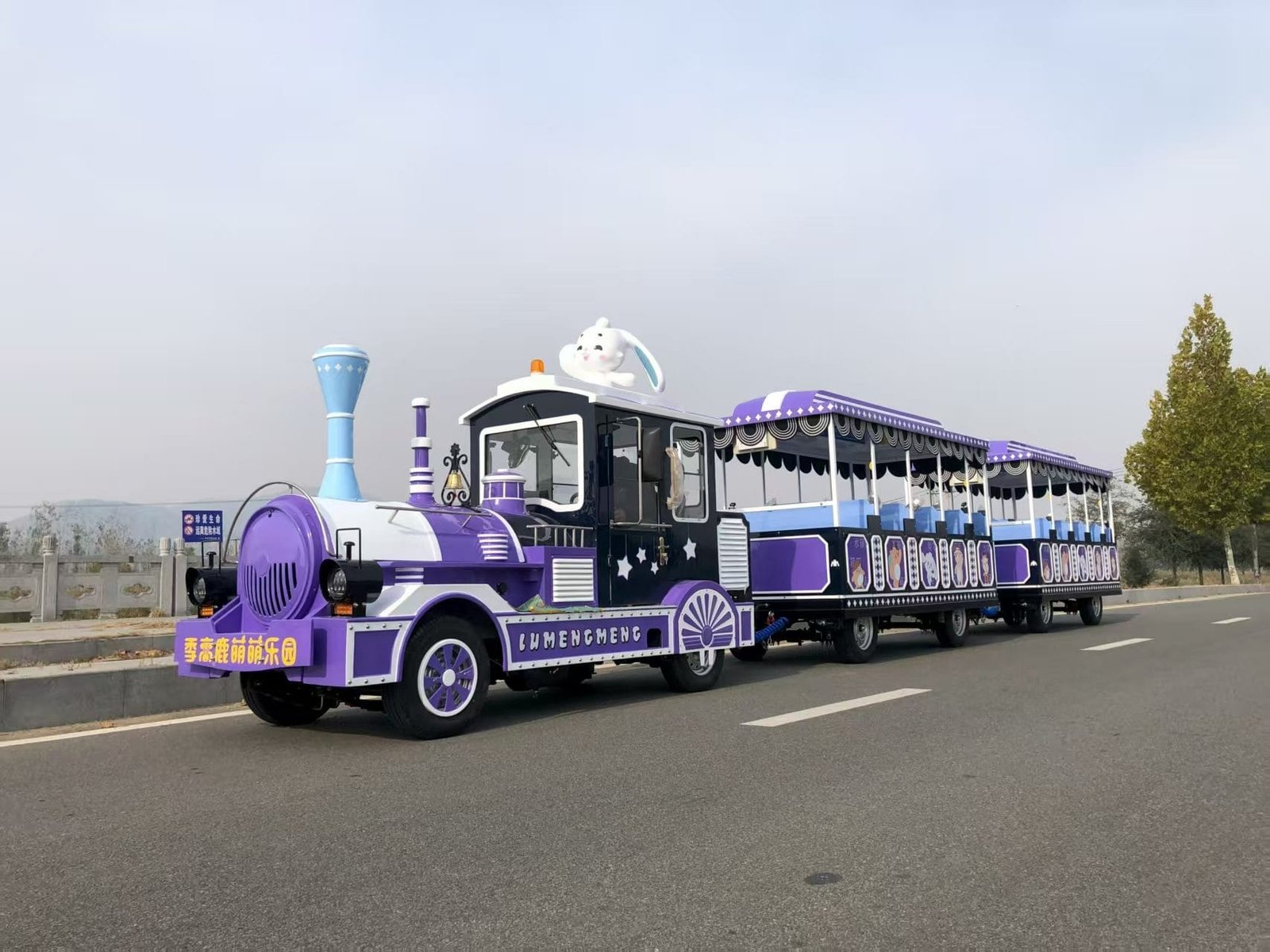 Sightseeing Train for Sale: 16–72 Seat Models & Real Prices Custom themed 72-seat trackless sightseeing train carrying riders at a Chinese amusement park