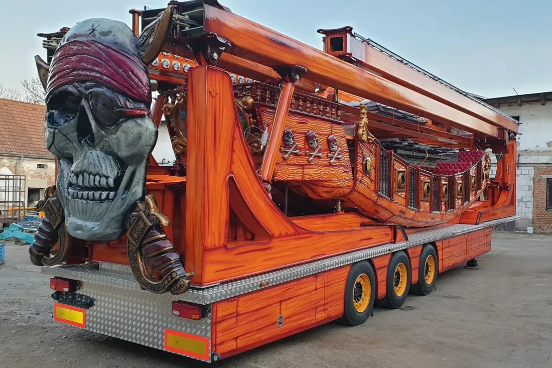 Pirate Ship Ride Manufacturer: Specs, Prices & CIF Cost Trailer-mounted pirate ship ride folded into transport position
